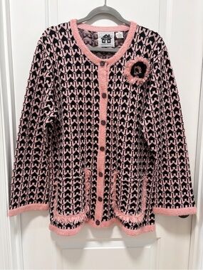 Storybook Knits size 1X Home Sweet Home Cardigan Sweater Pink Black Button